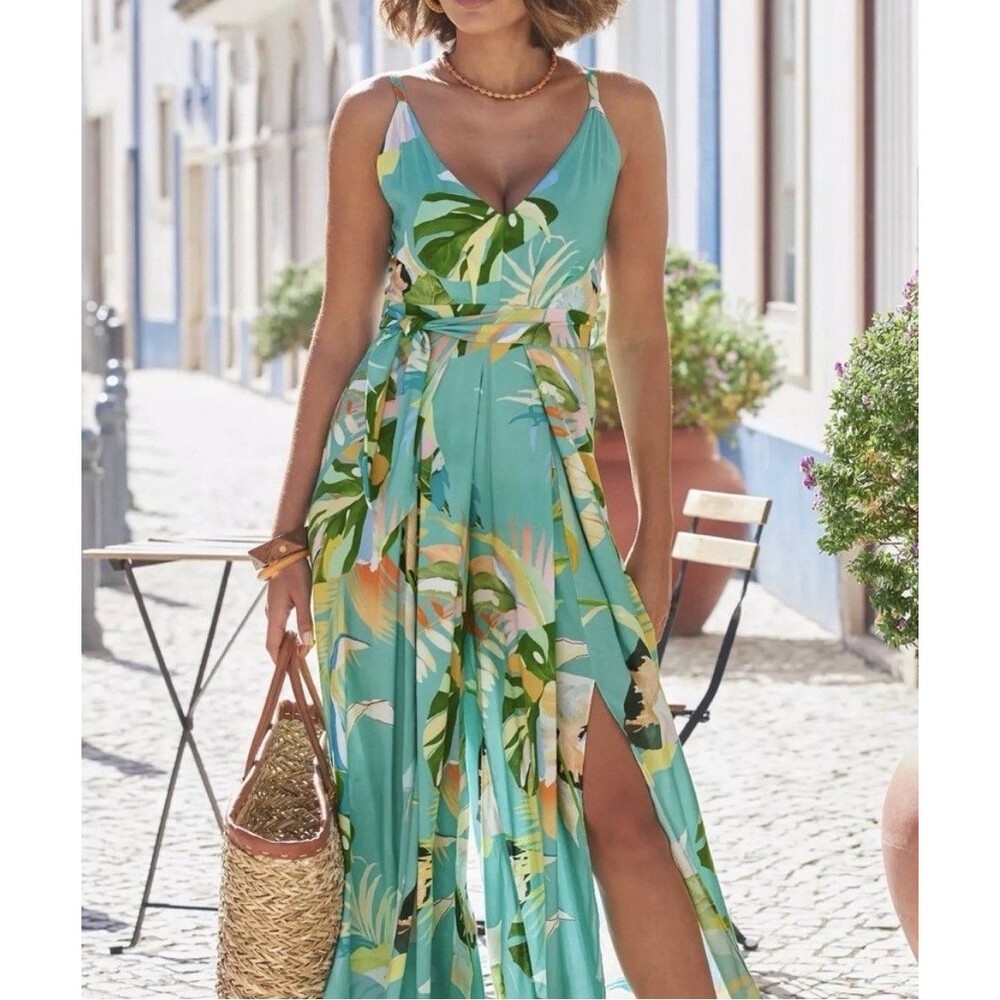 Boston Proper Tropical Forest Slit Jumpsuit Size 10 Resort Coastal